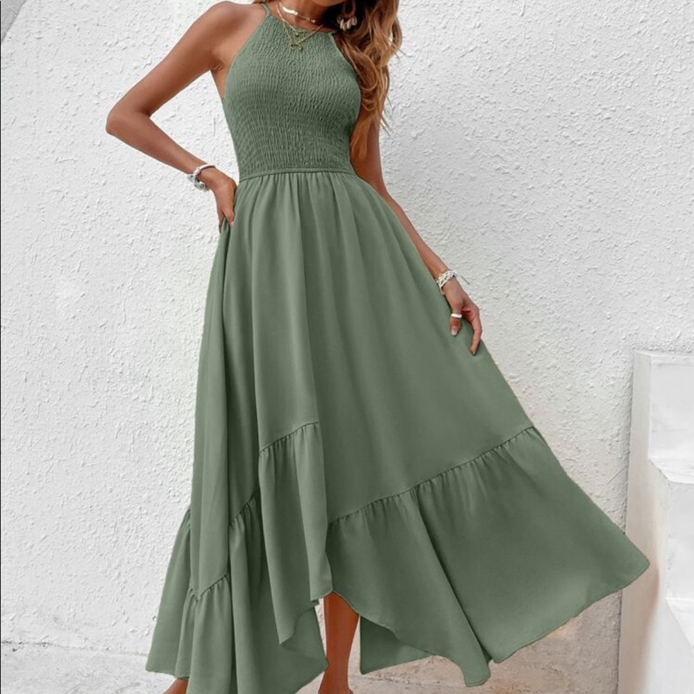 Boho Smocked Bodice Asymmetrical Hem Ruffle Cami Maxi Dress BLUE - Picture 6 of 14